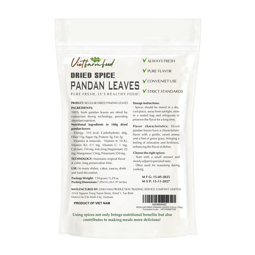 REGULAR DRIED PANDAN 5.29 Oz (150g) VIETFARMFOOD: Convection dried spices extract pure natural flavor. Convenient packaging, long-term preservation. Used for cooking, baking, salad, soup, sauce.