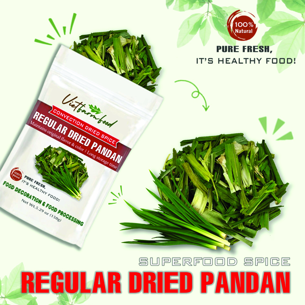 REGULAR DRIED PANDAN 5.29 Oz (150g) VIETFARMFOOD: Convection dried spices extract pure natural flavor. Convenient packaging, long-term preservation. Used for cooking, baking, salad, soup, sauce.