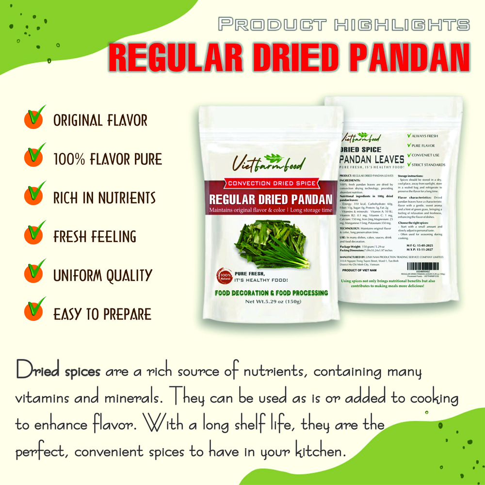 REGULAR DRIED PANDAN 5.29 Oz (150g) VIETFARMFOOD: Convection dried spices extract pure natural flavor. Convenient packaging, long-term preservation. Used for cooking, baking, salad, soup, sauce.