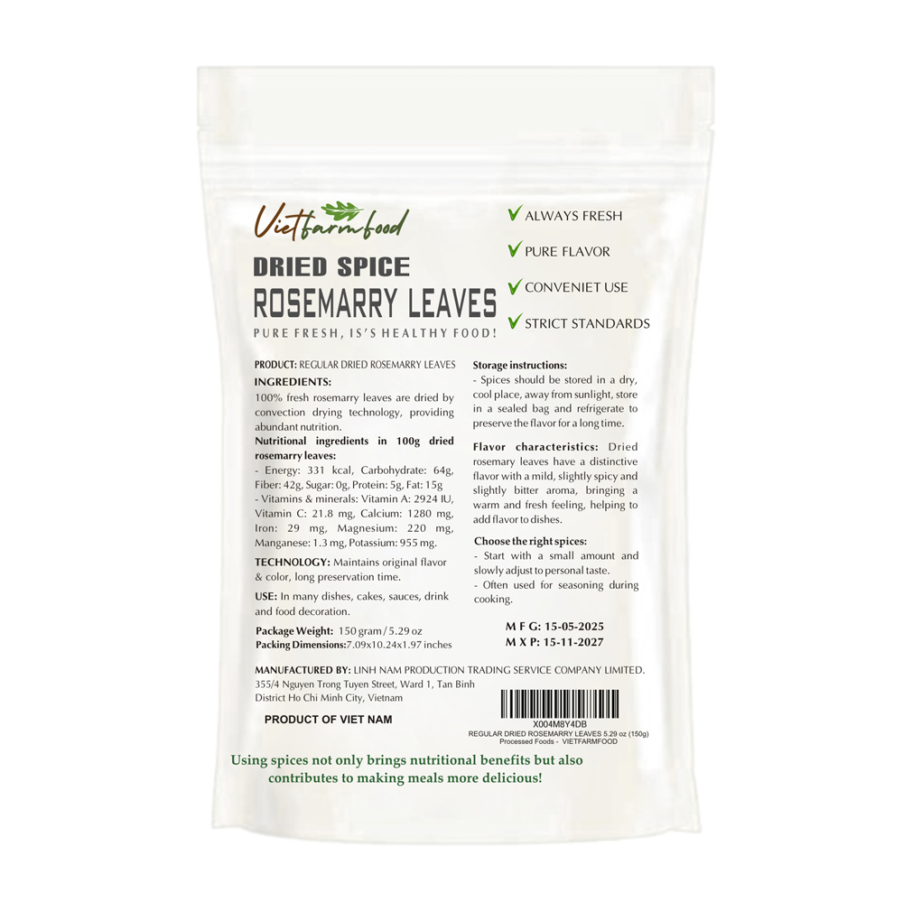 REGULAR DRIED ROSEMARY 5.29 Oz (150g) VIETFARMFOOD: Convection dried spices extract pure natural flavor. Convenient packaging, long-term preservation. Used for cooking, baking, salad, soup, sauce.