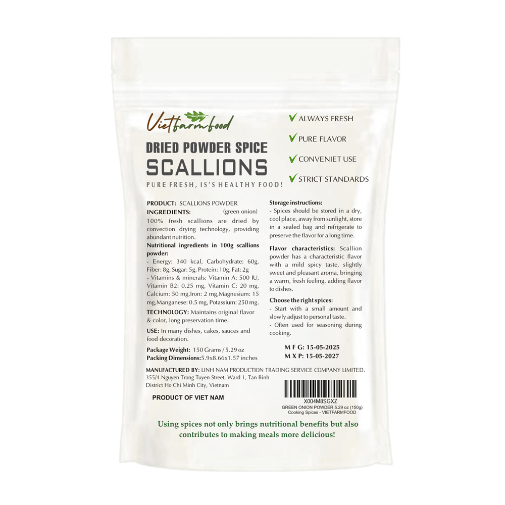 SCALLION POWDER 5.29 Oz (150g) VIETFARMFOOD: Convection dried spices extract pure natural flavor. Convenient packaging, long-term preservation. Used for cooking, baking, salad, soup, sauce.