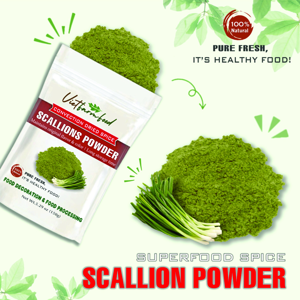 SCALLION POWDER 5.29 Oz (150g) VIETFARMFOOD: Convection dried spices extract pure natural flavor. Convenient packaging, long-term preservation. Used for cooking, baking, salad, soup, sauce.