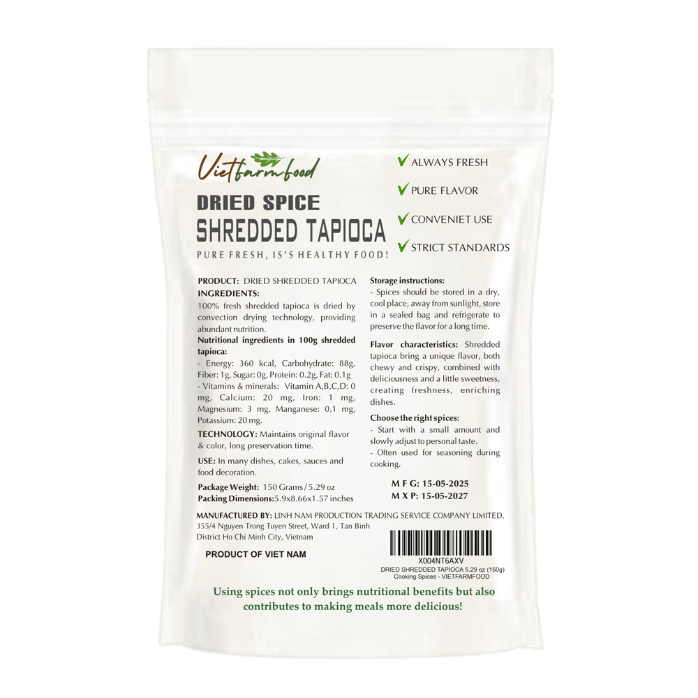 DRIED SHREDDED TAPIOCA 5.29 Oz (150g) VIETFARMFOOD: Convection dried spices extract pure natural flavors. Convenient packaging, long-term preservation. Used for cooking, baking, soups, drinks.