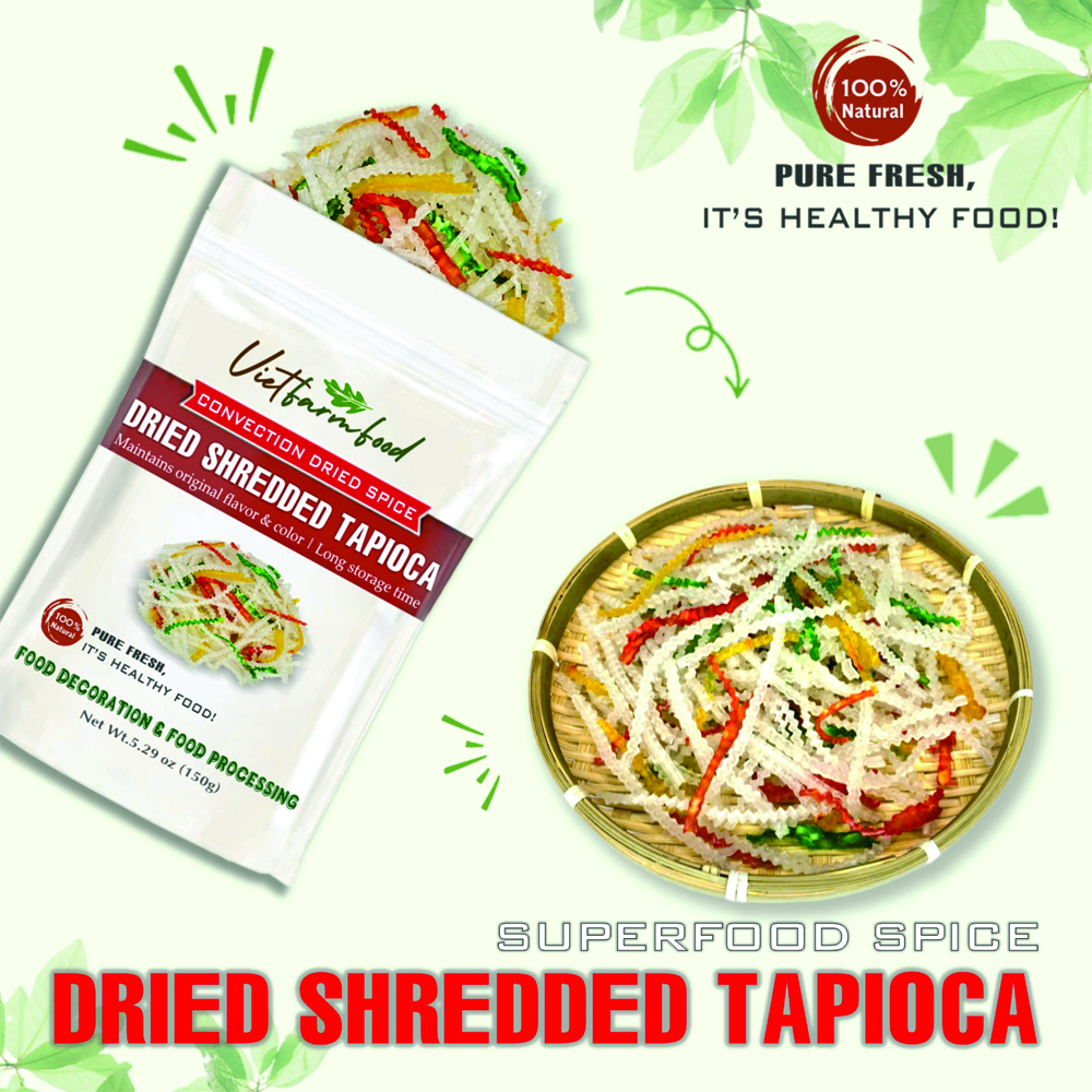DRIED SHREDDED TAPIOCA 5.29 Oz (150g) VIETFARMFOOD: Convection dried spices extract pure natural flavors. Convenient packaging, long-term preservation. Used for cooking, baking, soups, drinks.