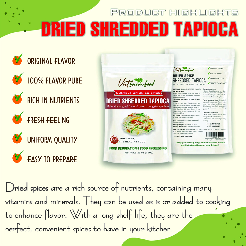 DRIED SHREDDED TAPIOCA 5.29 Oz (150g) VIETFARMFOOD: Convection dried spices extract pure natural flavors. Convenient packaging, long-term preservation. Used for cooking, baking, soups, drinks.
