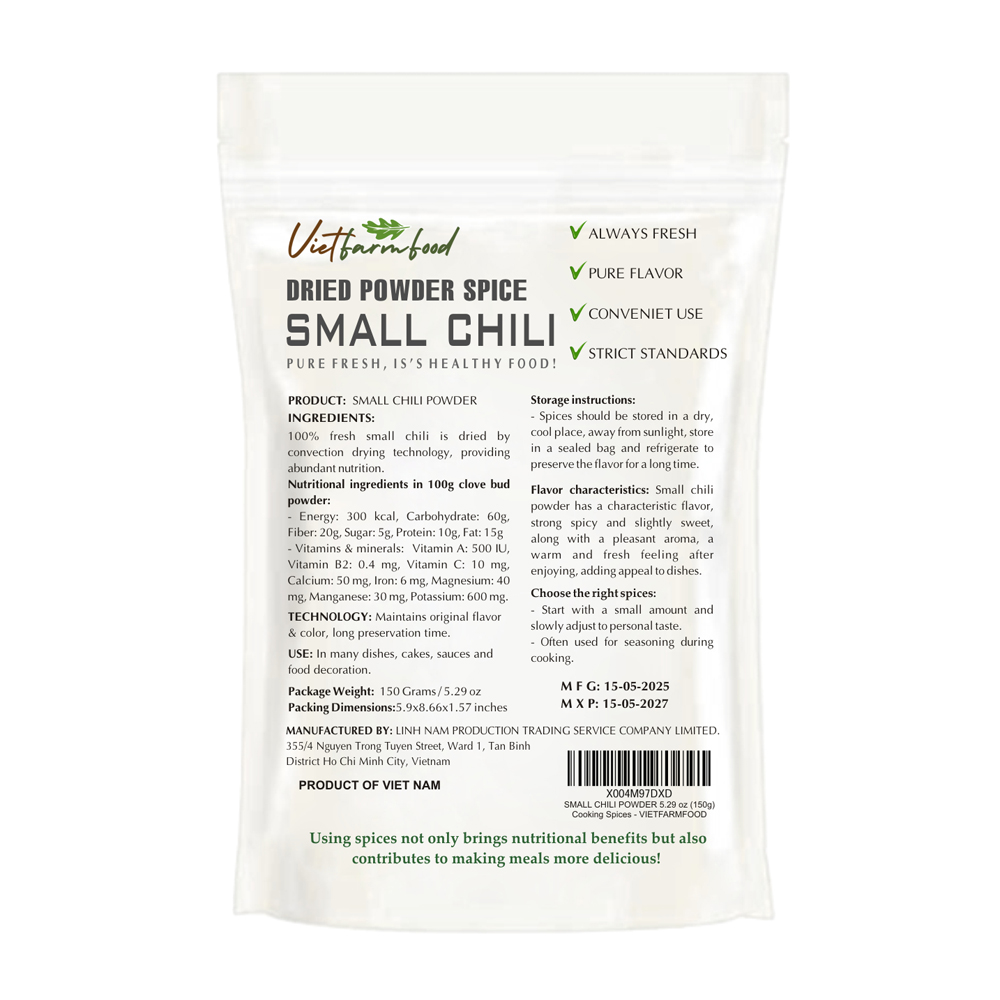SMALL CHILI POWDER 5.29 Oz (150g) VIETFARMFOOD: Convection dried spices extract pure natural flavor. Convenient packaging, long-term preservation. Used for cooking, baking, salad, soup, sauce.