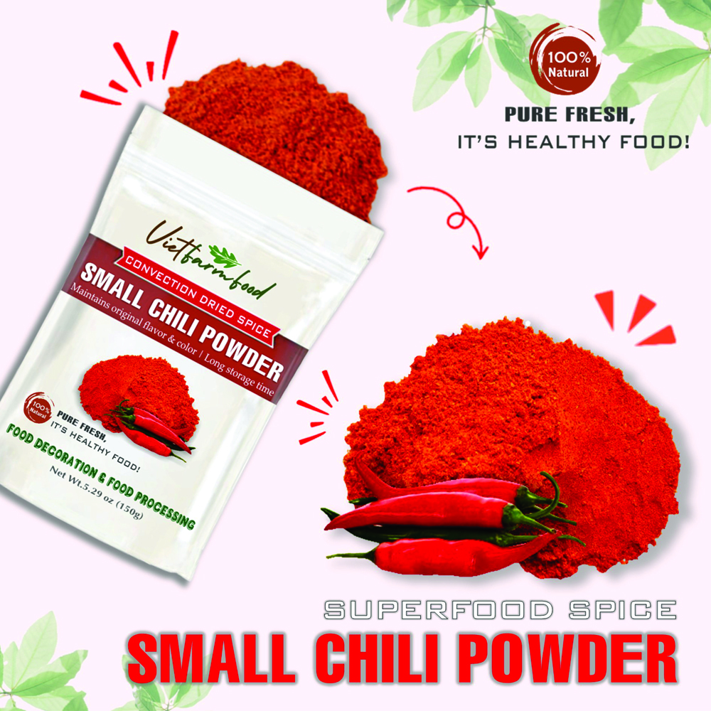 SMALL CHILI POWDER 5.29 Oz (150g) VIETFARMFOOD: Convection dried spices extract pure natural flavor. Convenient packaging, long-term preservation. Used for cooking, baking, salad, soup, sauce.