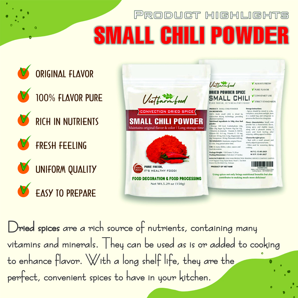 SMALL CHILI POWDER 5.29 Oz (150g) VIETFARMFOOD: Convection dried spices extract pure natural flavor. Convenient packaging, long-term preservation. Used for cooking, baking, salad, soup, sauce.