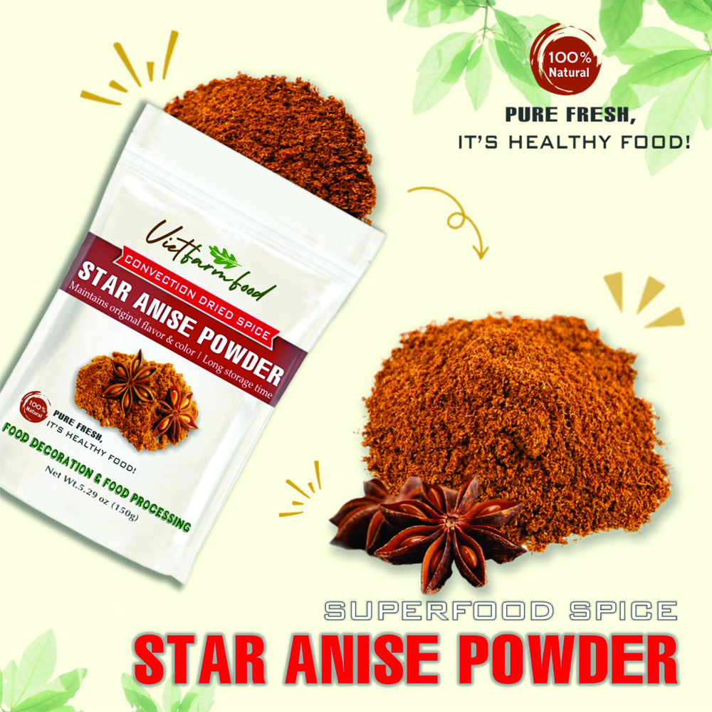 STAR ANISE POWDER 5.29 Oz (150g) VIETFARMFOOD: Convection dried spices extract pure natural flavor. Convenient packaging, long-term preservation. Used for cooking, baking, salad, soup, sauce.