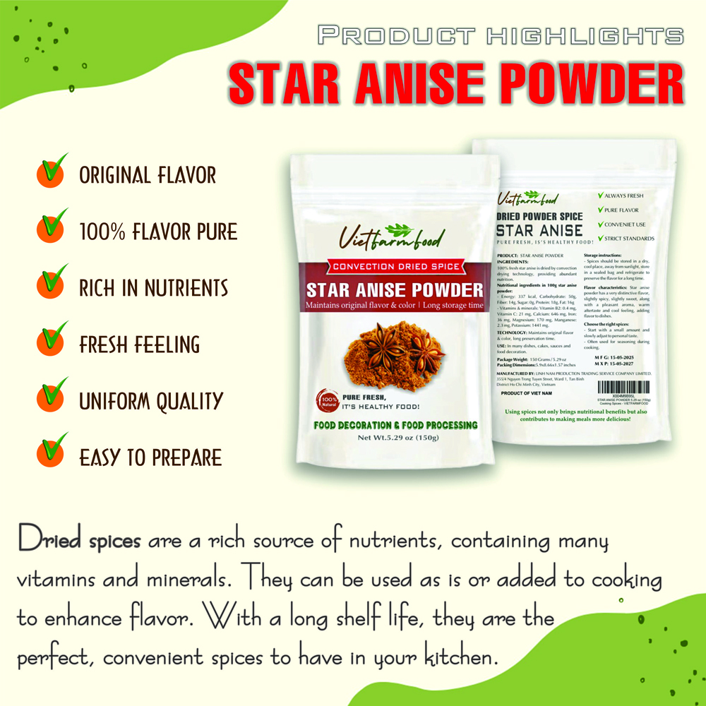 STAR ANISE POWDER 5.29 Oz (150g) VIETFARMFOOD: Convection dried spices extract pure natural flavor. Convenient packaging, long-term preservation. Used for cooking, baking, salad, soup, sauce.