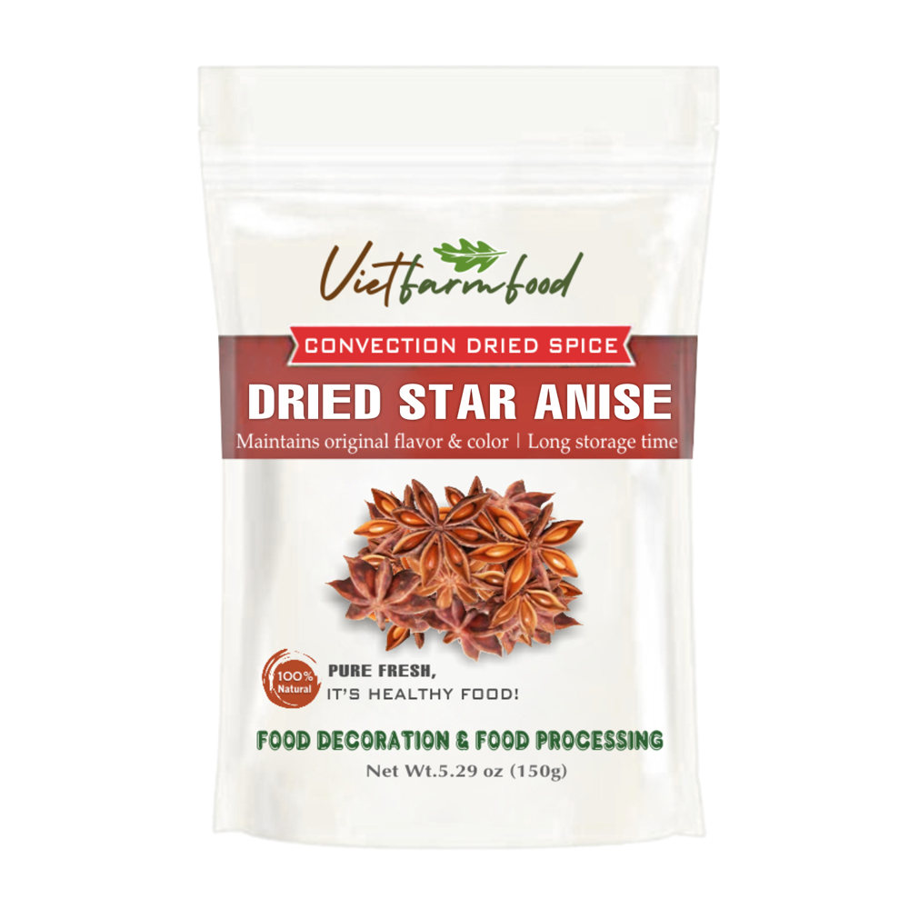 DRIED STAR ANISE 5.29 Oz (150g) VIETFARMFOOD: Convection dried spices extract pure natural flavor. Convenient packaging, long-term preservation. Used for cooking, baking, salad, soup, sauce.