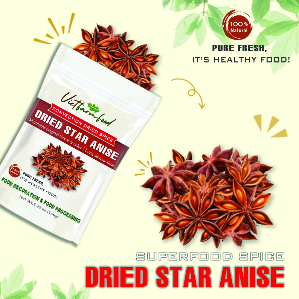 DRIED STAR ANISE 5.29 Oz (150g) VIETFARMFOOD: Convection dried spices extract pure natural flavor. Convenient packaging, long-term preservation. Used for cooking, baking, salad, soup, sauce.