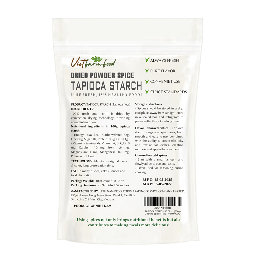 TAPIOCA STARCH 10.58 Oz (300g) VIETFARMFOOD: Convection dried spices extract pure natural flavors. Convenient packaging, long-term preservation. Used for cooking, baking, soups, sweet soups, drinks.