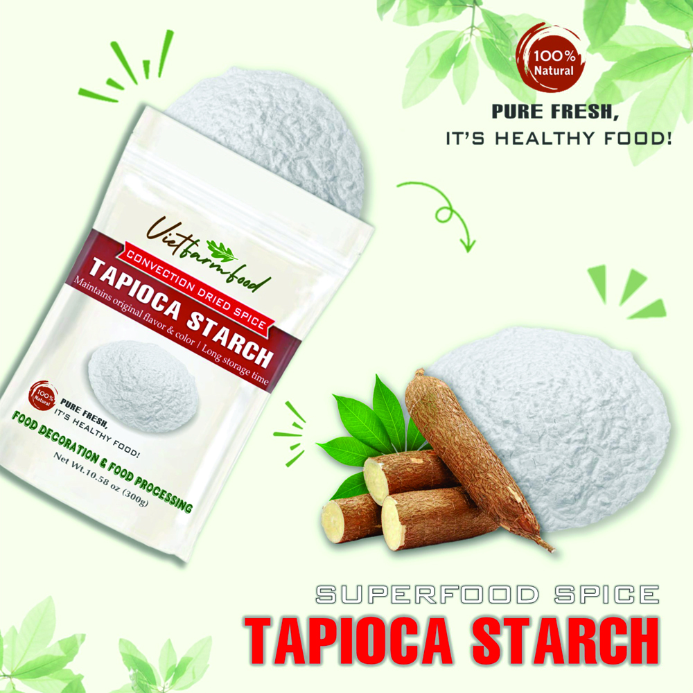 TAPIOCA STARCH 10.58 Oz (300g) VIETFARMFOOD: Convection dried spices extract pure natural flavors. Convenient packaging, long-term preservation. Used for cooking, baking, soups, sweet soups, drinks.