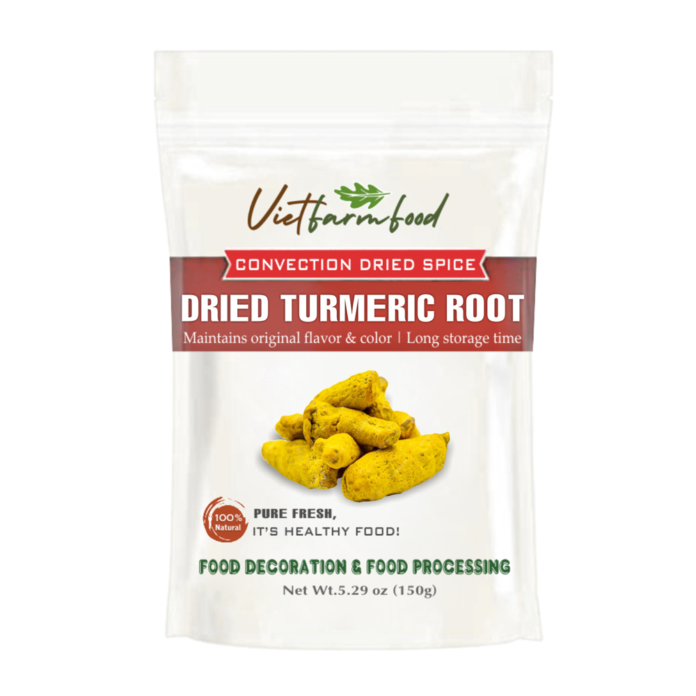 DRIED TURMERIC ROOT 5.29 Oz (150g) VIETFARMFOOD: Convection dried spices extract pure natural flavor. Convenient packaging, long-term preservation. Used for cooking, baking, salad, soup, sauce.
