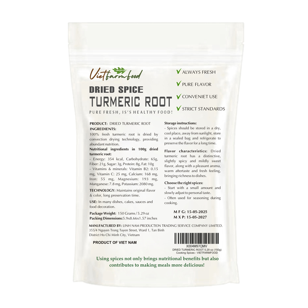 DRIED TURMERIC ROOT 5.29 Oz (150g) VIETFARMFOOD: Convection dried spices extract pure natural flavor. Convenient packaging, long-term preservation. Used for cooking, baking, salad, soup, sauce.
