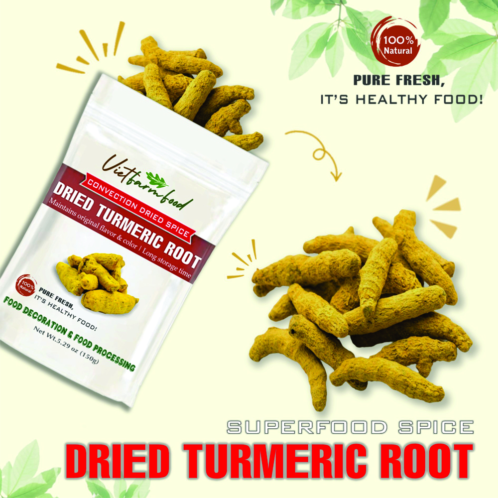 DRIED TURMERIC ROOT 5.29 Oz (150g) VIETFARMFOOD: Convection dried spices extract pure natural flavor. Convenient packaging, long-term preservation. Used for cooking, baking, salad, soup, sauce.