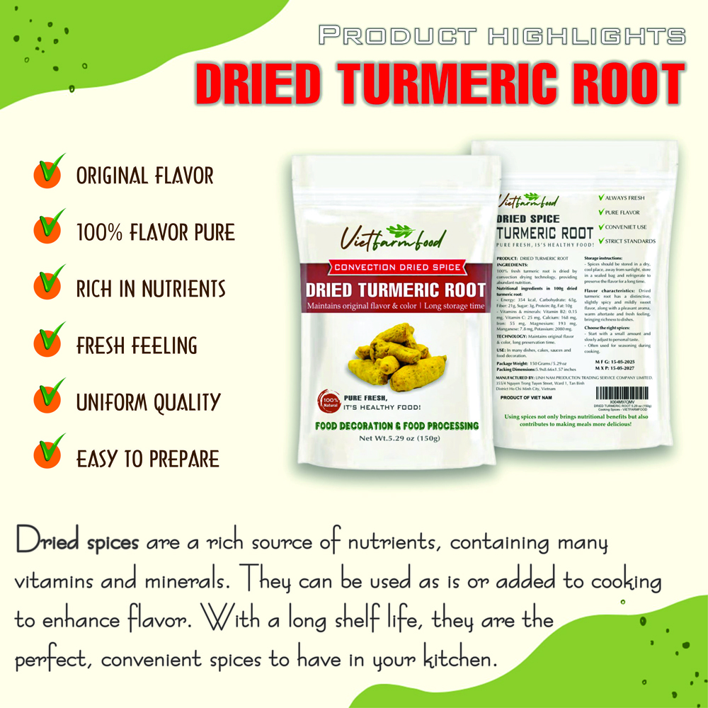 DRIED TURMERIC ROOT 5.29 Oz (150g) VIETFARMFOOD: Convection dried spices extract pure natural flavor. Convenient packaging, long-term preservation. Used for cooking, baking, salad, soup, sauce.