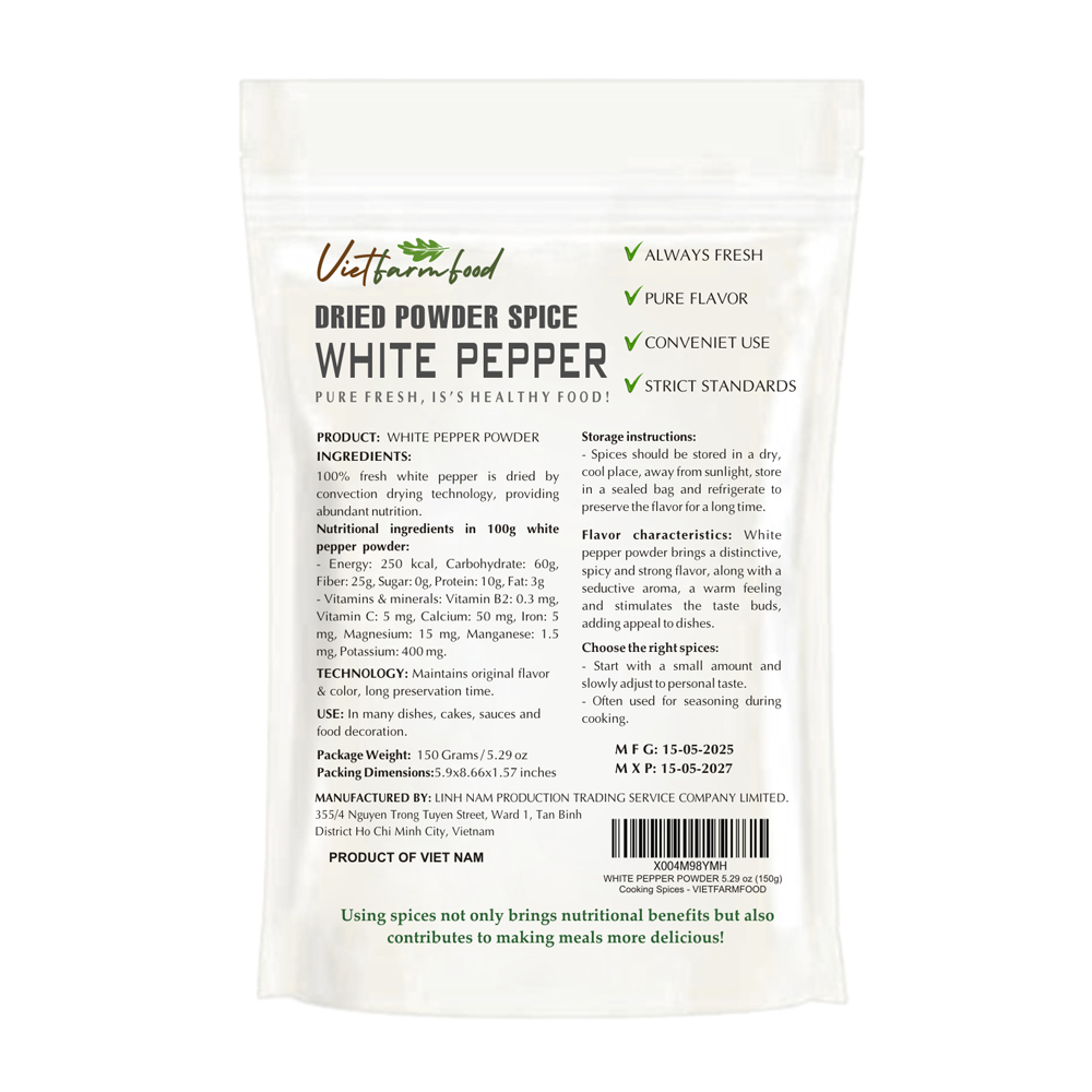 WHITE PEPPER POWDER 5.29 Oz (150g) VIETFARMFOOD: Convection dried spices extract pure natural flavor. Convenient packaging, long-term preservation. Used for cooking, baking, salad, soup, sauce.