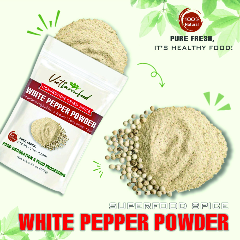 WHITE PEPPER POWDER 5.29 Oz (150g) VIETFARMFOOD: Convection dried spices extract pure natural flavor. Convenient packaging, long-term preservation. Used for cooking, baking, salad, soup, sauce.
