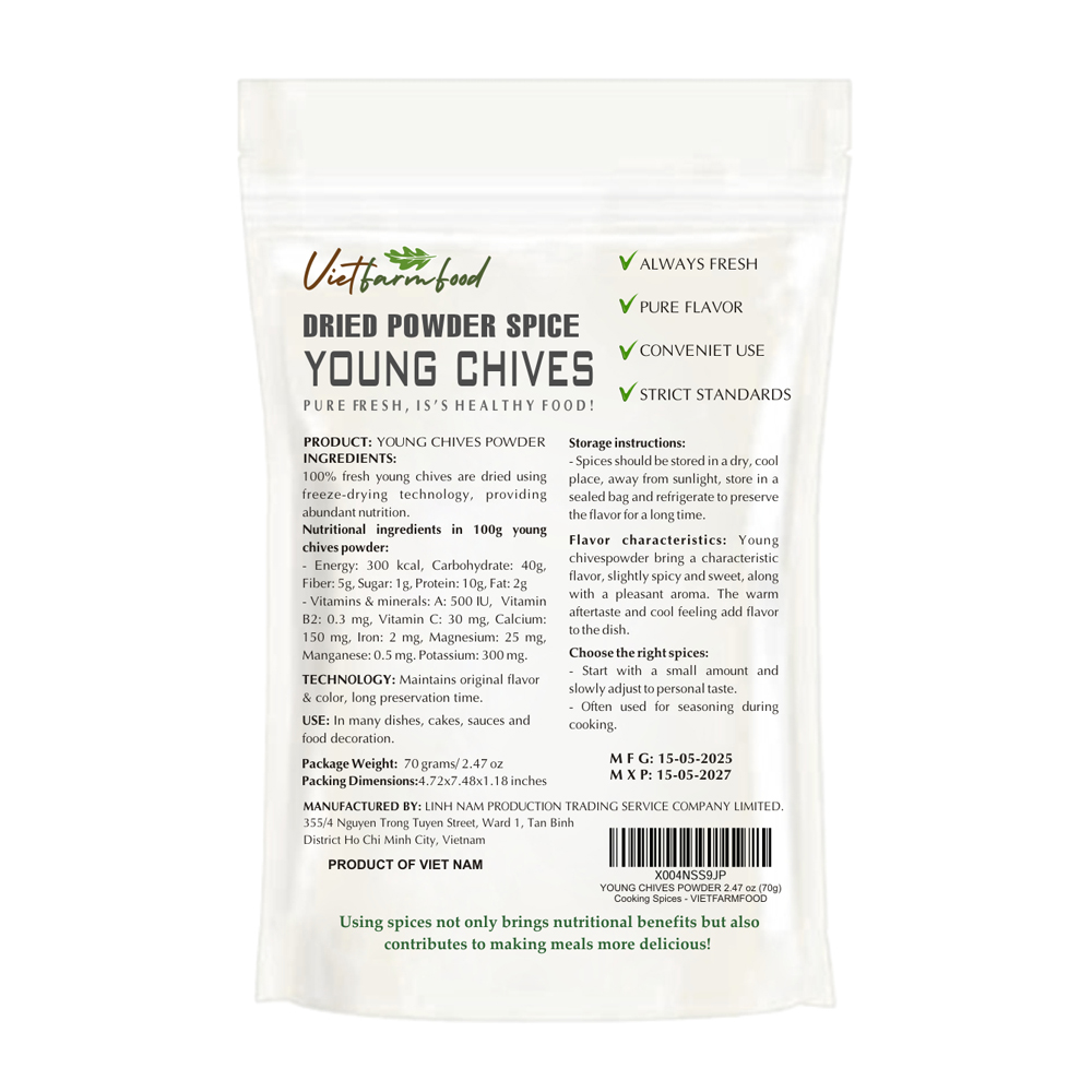 YOUNG CHIVES POWDER 2.47 Oz (70g) VIETFARMFOOD: Pure, natural freeze-dried spice made from real vegetables and fruits - perfect for enhancing every meal, from cooking, baking, salads, soups, sauces