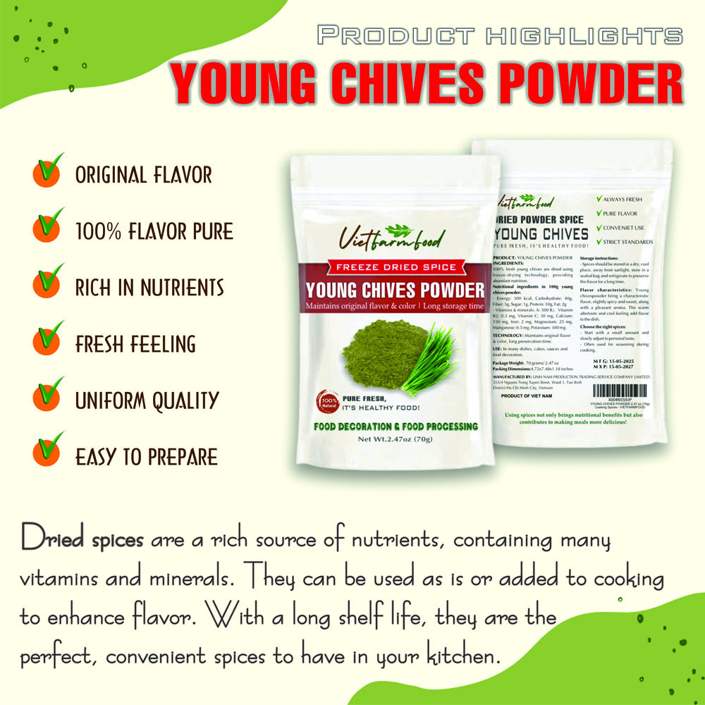 YOUNG CHIVES POWDER 2.47 Oz (70g) VIETFARMFOOD: Pure, natural freeze-dried spice made from real vegetables and fruits - perfect for enhancing every meal, from cooking, baking, salads, soups, sauces