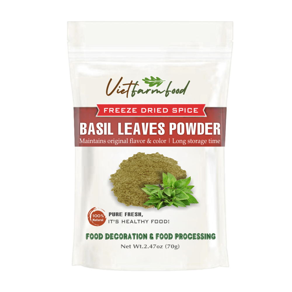 BASIL POWDER 1.76 Oz (50g) VIETFARMFOOD: Freeze-dried spices extract pure natural flavor. Convenient packaging, long-term preservation. Used for cooking, baking, salads, soups, sauces.