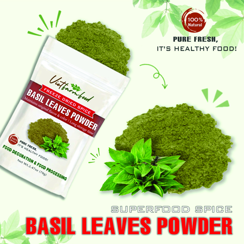 BASIL POWDER 1.76 Oz (50g) VIETFARMFOOD: Freeze-dried spices extract pure natural flavor. Convenient packaging, long-term preservation. Used for cooking, baking, salads, soups, sauces.