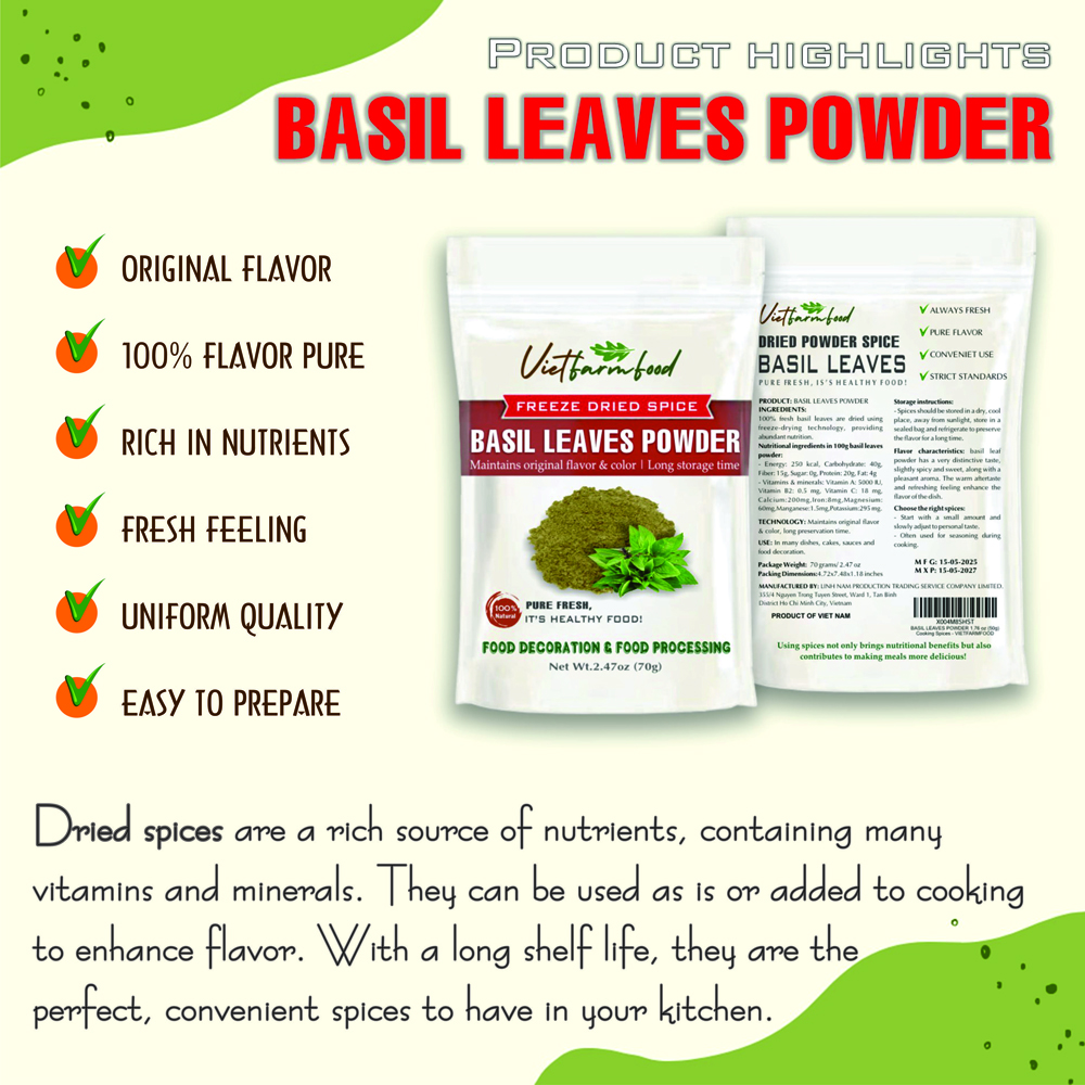 BASIL POWDER 1.76 Oz (50g) VIETFARMFOOD: Freeze-dried spices extract pure natural flavor. Convenient packaging, long-term preservation. Used for cooking, baking, salads, soups, sauces.