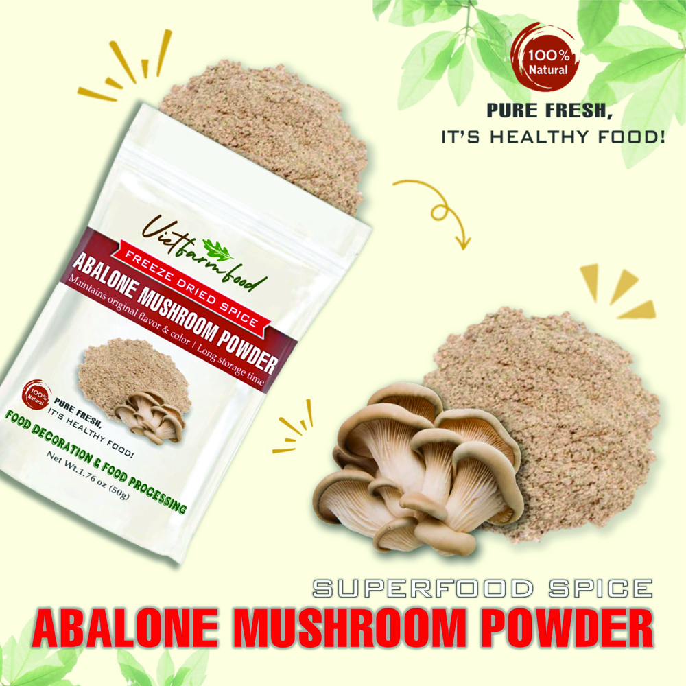 ABALONE MUSHROOM POWDER 1.76 Oz (50g) VIETFARMFOOD: Freeze-dried spices extract pure natural flavor. Convenient packaging, long-term preservation. Used for cooking, baking, salads, soups, sauces.