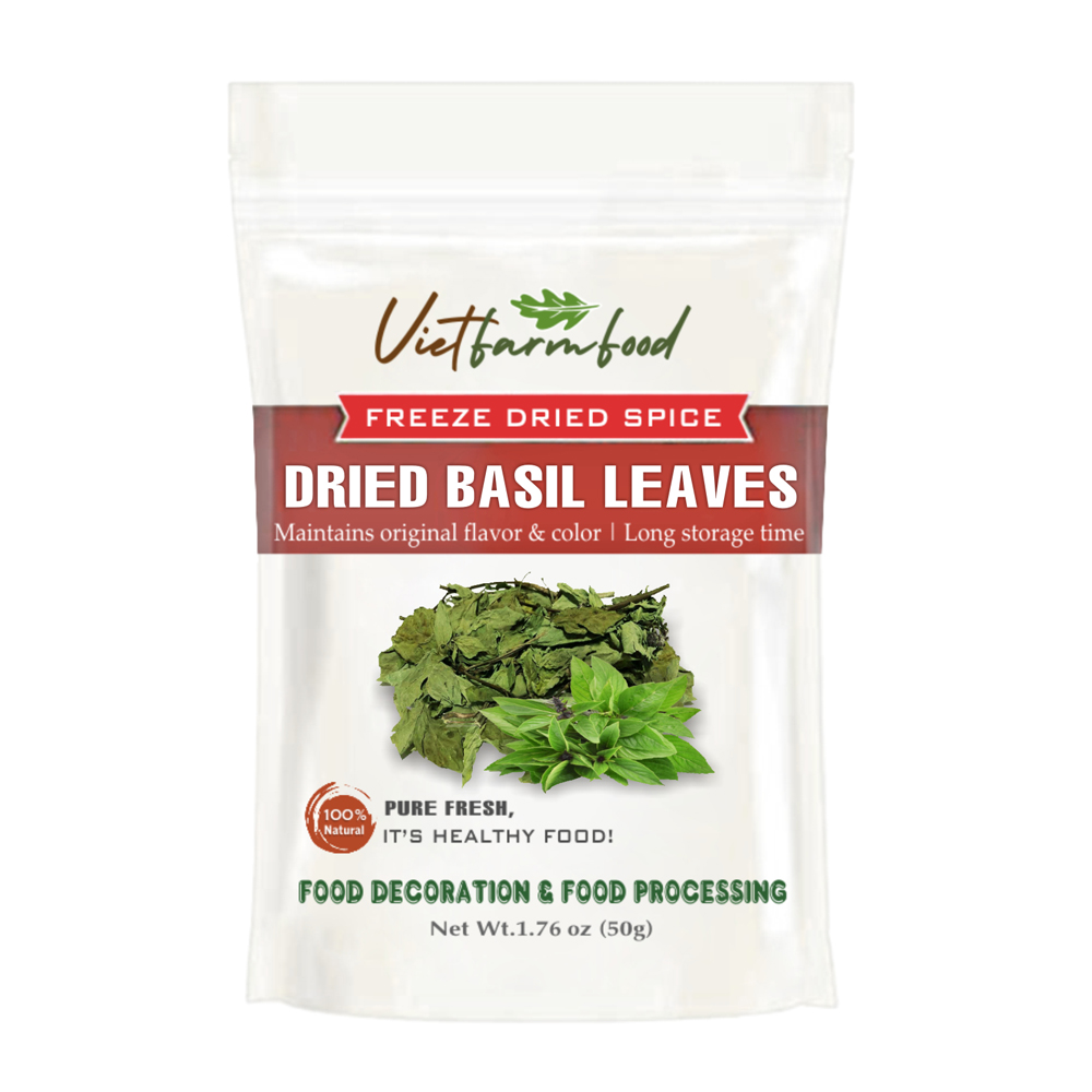DRIED BASIL LEAVES 2.47 Oz (70g) VIETFARMFOOD: Freeze-dried spices extract pure natural flavor. Convenient packaging, long-term preservation. Used for cooking, baking, salads, soups, sauces.