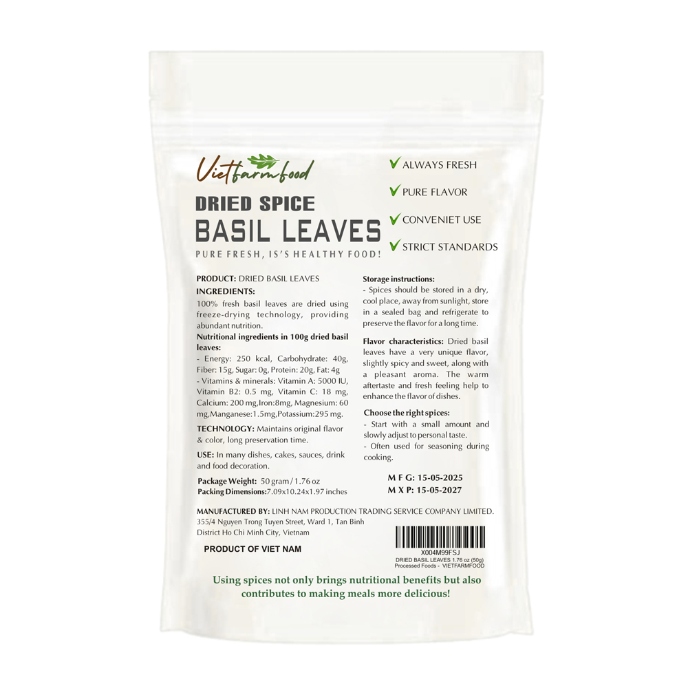 DRIED BASIL LEAVES 2.47 Oz (70g) VIETFARMFOOD: Freeze-dried spices extract pure natural flavor. Convenient packaging, long-term preservation. Used for cooking, baking, salads, soups, sauces.