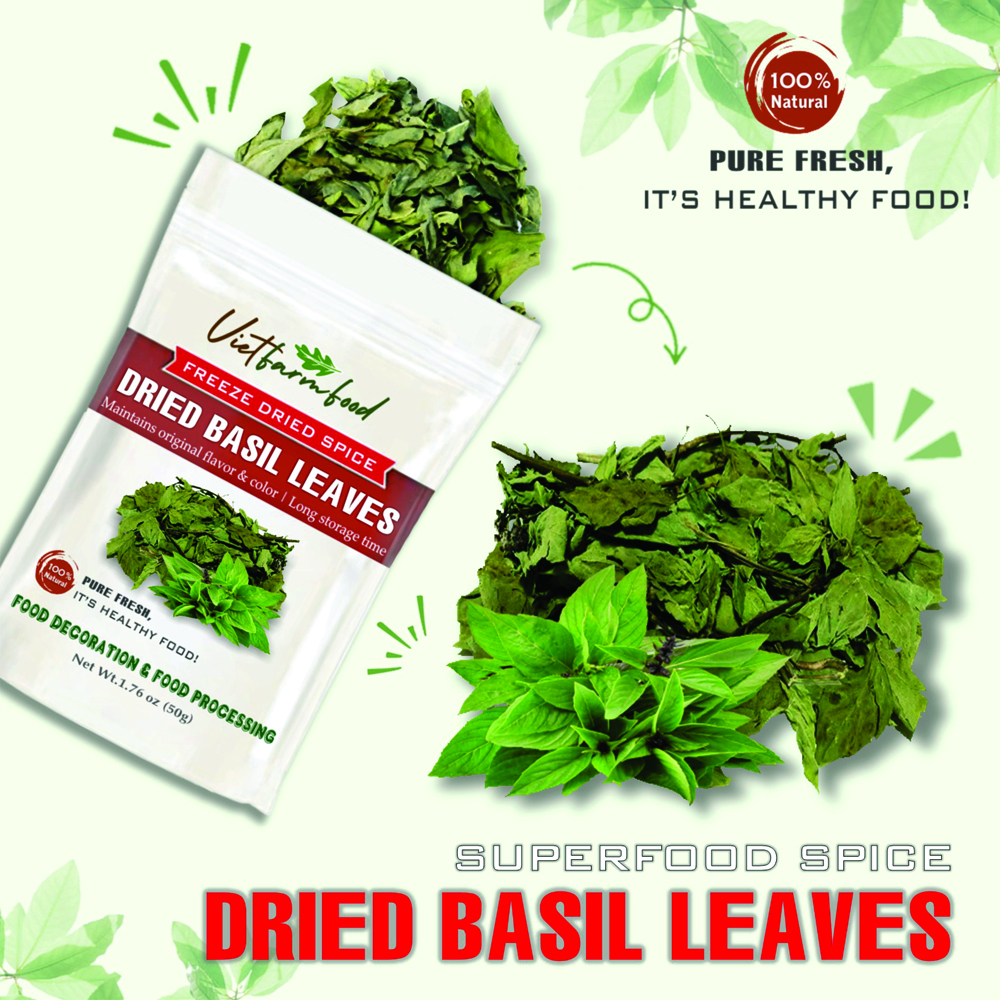 DRIED BASIL LEAVES 2.47 Oz (70g) VIETFARMFOOD: Freeze-dried spices extract pure natural flavor. Convenient packaging, long-term preservation. Used for cooking, baking, salads, soups, sauces.