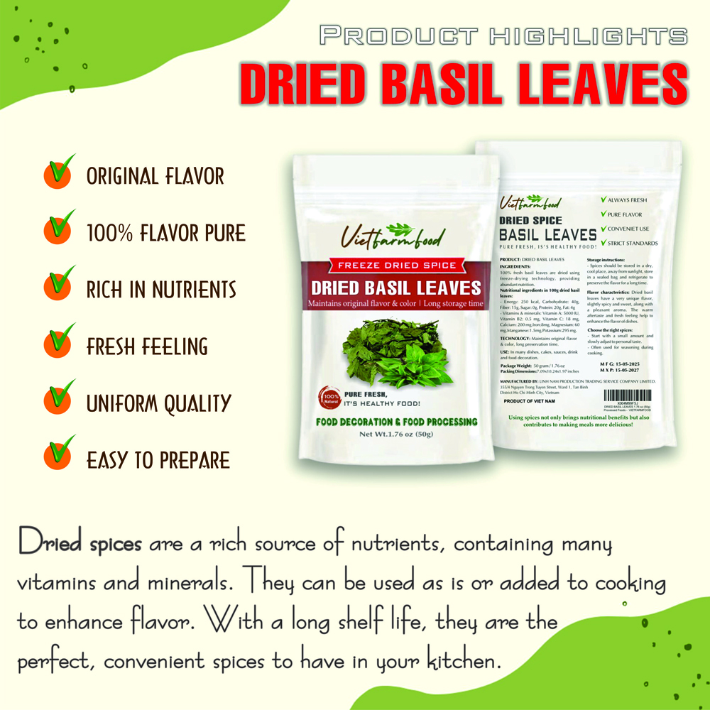 DRIED BASIL LEAVES 2.47 Oz (70g) VIETFARMFOOD: Freeze-dried spices extract pure natural flavor. Convenient packaging, long-term preservation. Used for cooking, baking, salads, soups, sauces.