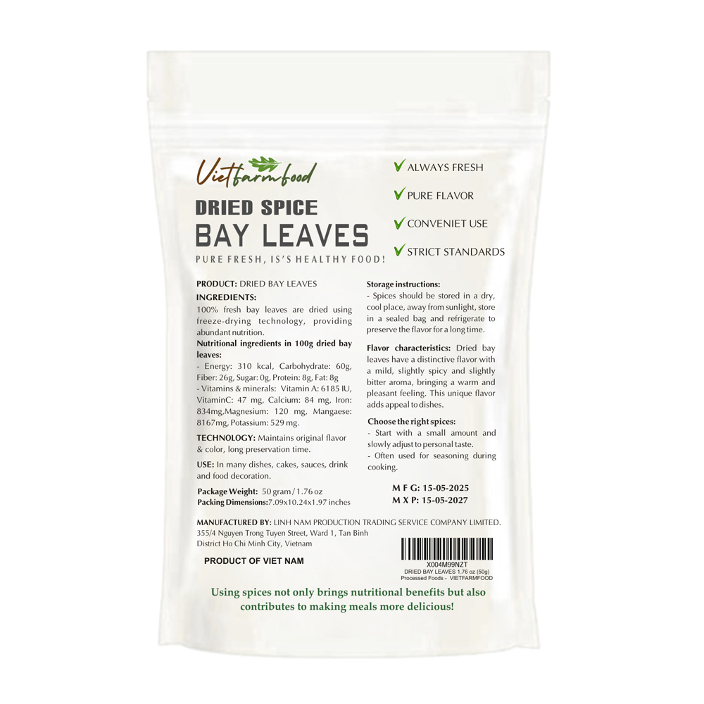 DRIED BAY LEAVES 2.47 Oz (70g) VIETFARMFOOD: Freeze-dried spices extract pure natural flavor. Convenient packaging, long-term preservation. Used for cooking, baking, salads, soups, sauces.