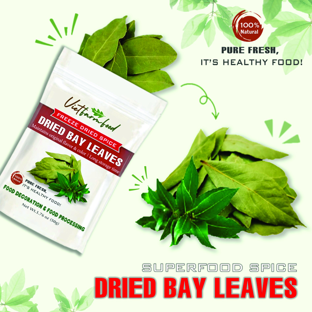 DRIED BAY LEAVES 2.47 Oz (70g) VIETFARMFOOD: Freeze-dried spices extract pure natural flavor. Convenient packaging, long-term preservation. Used for cooking, baking, salads, soups, sauces.
