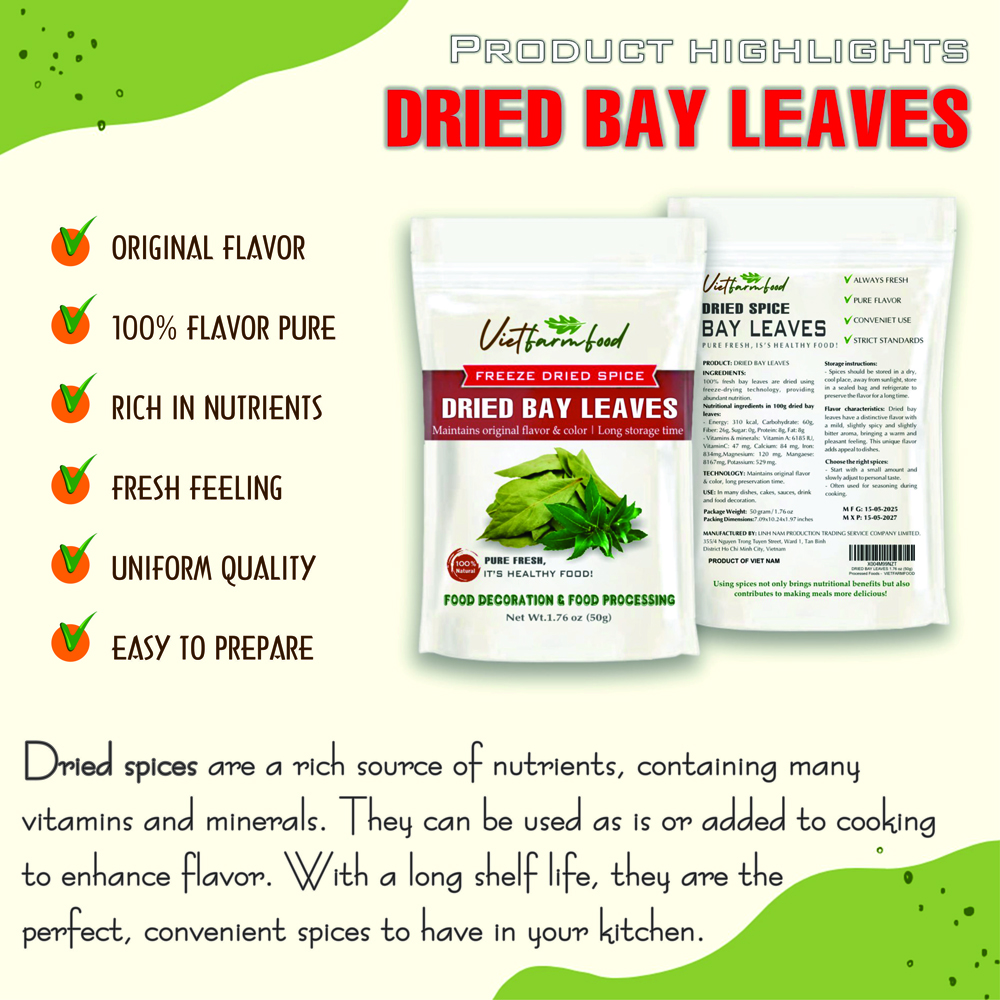 DRIED BAY LEAVES 2.47 Oz (70g) VIETFARMFOOD: Freeze-dried spices extract pure natural flavor. Convenient packaging, long-term preservation. Used for cooking, baking, salads, soups, sauces.