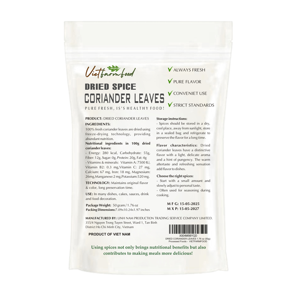 DRIED CORIANDER LEAVES 2.47 Oz (70g) VIETFARMFOOD: Freeze-dried spices extract pure natural flavor. Convenient packaging, long-term preservation. Used for cooking, baking, salads, soups, sauces.