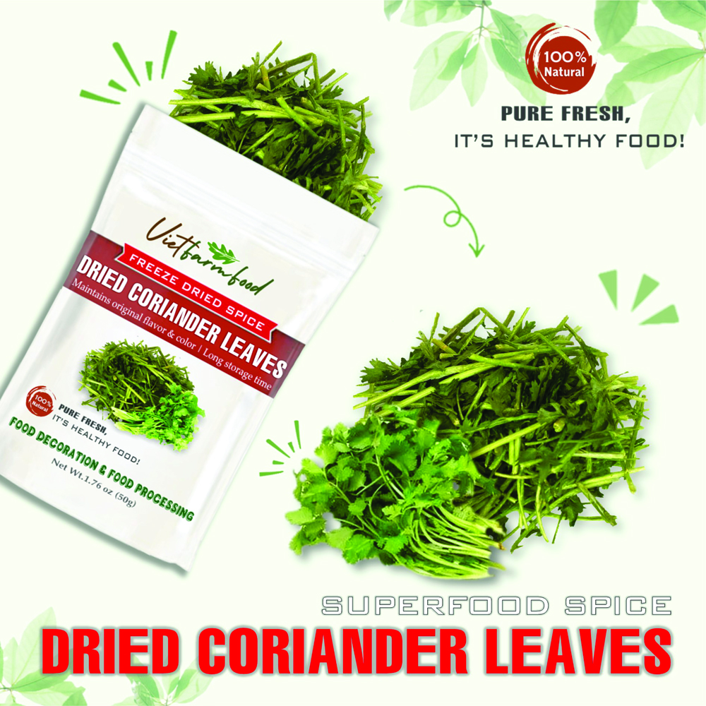 DRIED CORIANDER LEAVES 2.47 Oz (70g) VIETFARMFOOD: Freeze-dried spices extract pure natural flavor. Convenient packaging, long-term preservation. Used for cooking, baking, salads, soups, sauces.
