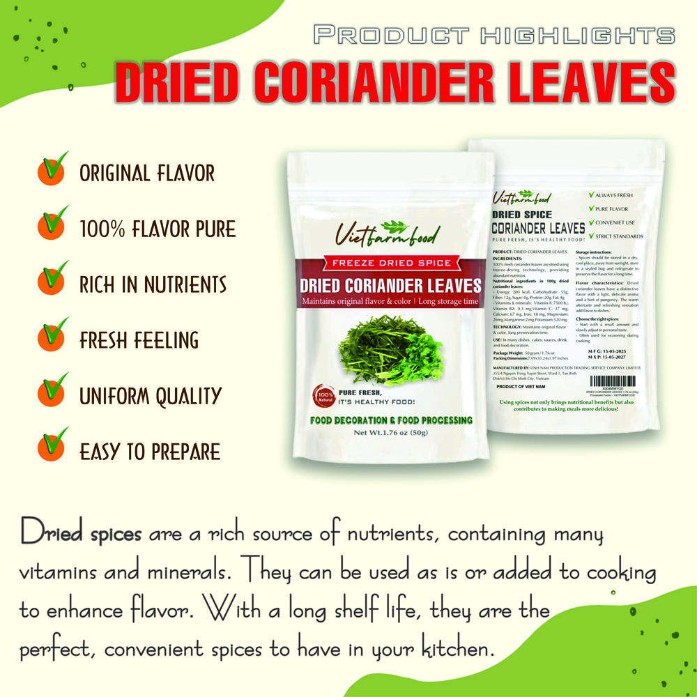 DRIED CORIANDER LEAVES 2.47 Oz (70g) VIETFARMFOOD: Freeze-dried spices extract pure natural flavor. Convenient packaging, long-term preservation. Used for cooking, baking, salads, soups, sauces.