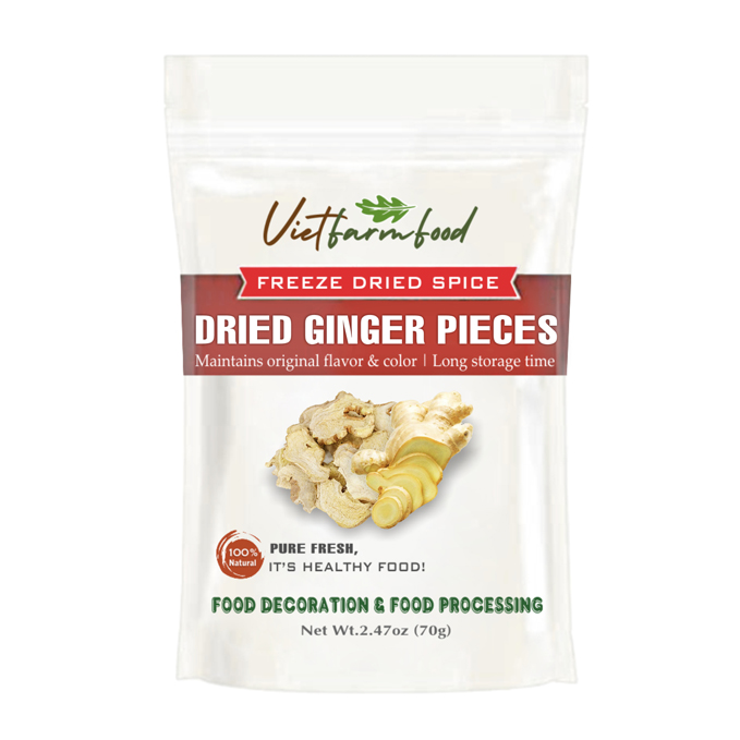 DRIED GINGER PIECES 2.47 Oz (70g) VIETFARMFOOD: Freeze-dried spice extract from 100% pure, Convenient Packaging. Long-term Preservation. Used for Processing Cooking, Baking, Salad, Soup, Sauces..