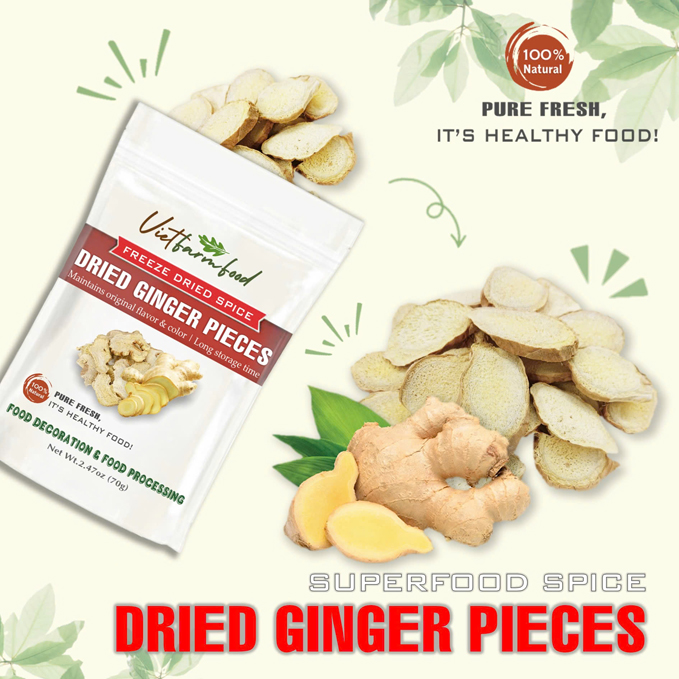 DRIED GINGER PIECES 2.47 Oz (70g) VIETFARMFOOD: Freeze-dried spice extract from 100% pure, Convenient Packaging. Long-term Preservation. Used for Processing Cooking, Baking, Salad, Soup, Sauces..