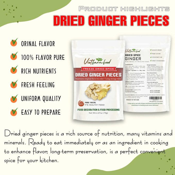DRIED GINGER PIECES 2.47 Oz (70g) VIETFARMFOOD: Freeze-dried spice extract from 100% pure, Convenient Packaging. Long-term Preservation. Used for Processing Cooking, Baking, Salad, Soup, Sauces..