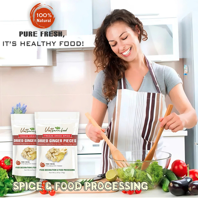 DRIED GINGER PIECES 2.47 Oz (70g) VIETFARMFOOD: Freeze-dried spice extract from 100% pure, Convenient Packaging. Long-term Preservation. Used for Processing Cooking, Baking, Salad, Soup, Sauces..