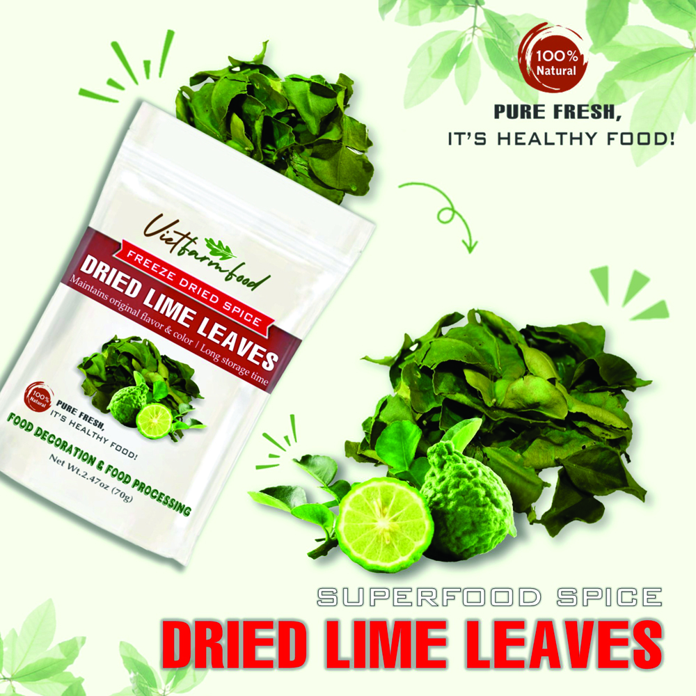DRIED LIME LEAVES 2.47 Oz (70g) VIETFARMFOOD: Freeze-dried spices extract pure natural flavor. Convenient packaging, long-term preservation. Used for cooking, baking, salads, soups, sauces.