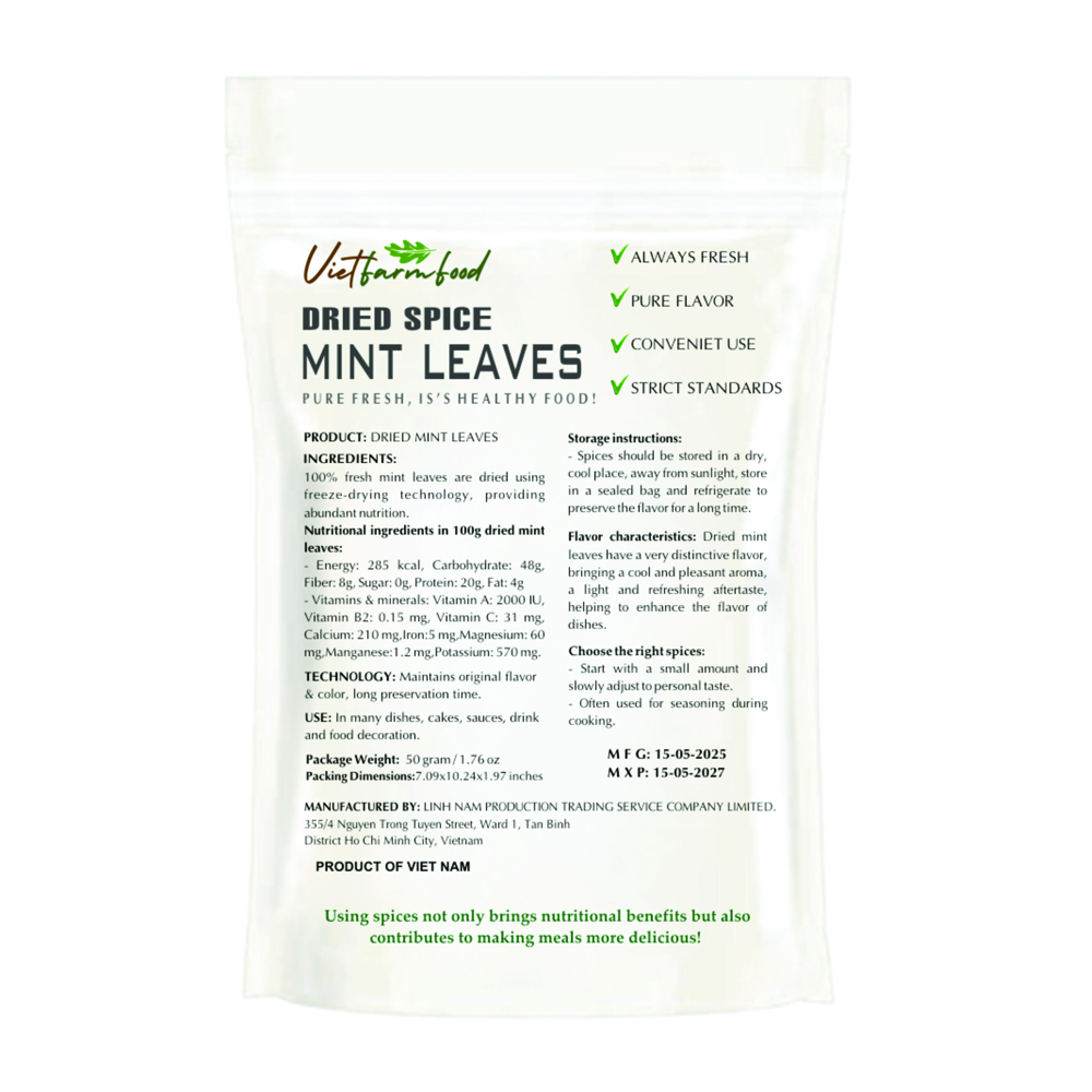 MINT LEAVES POWDER 2.47 Oz (70g) VIETFARMFOOD: Freeze-dried spices extract pure natural flavor. Convenient packaging, long-term preservation. Used for cooking, baking, salads, soups, sauces...