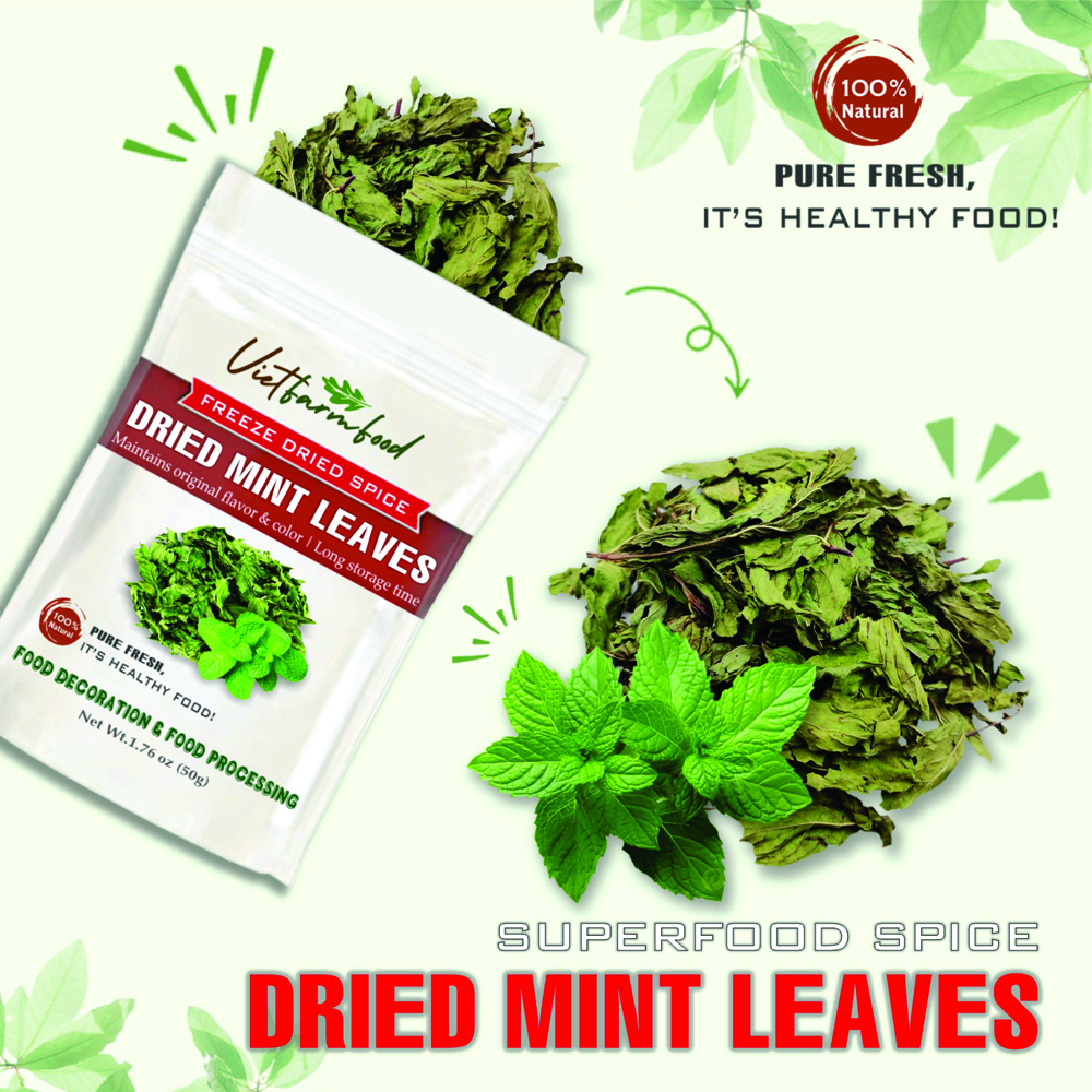 MINT LEAVES POWDER 2.47 Oz (70g) VIETFARMFOOD: Freeze-dried spices extract pure natural flavor. Convenient packaging, long-term preservation. Used for cooking, baking, salads, soups, sauces...
