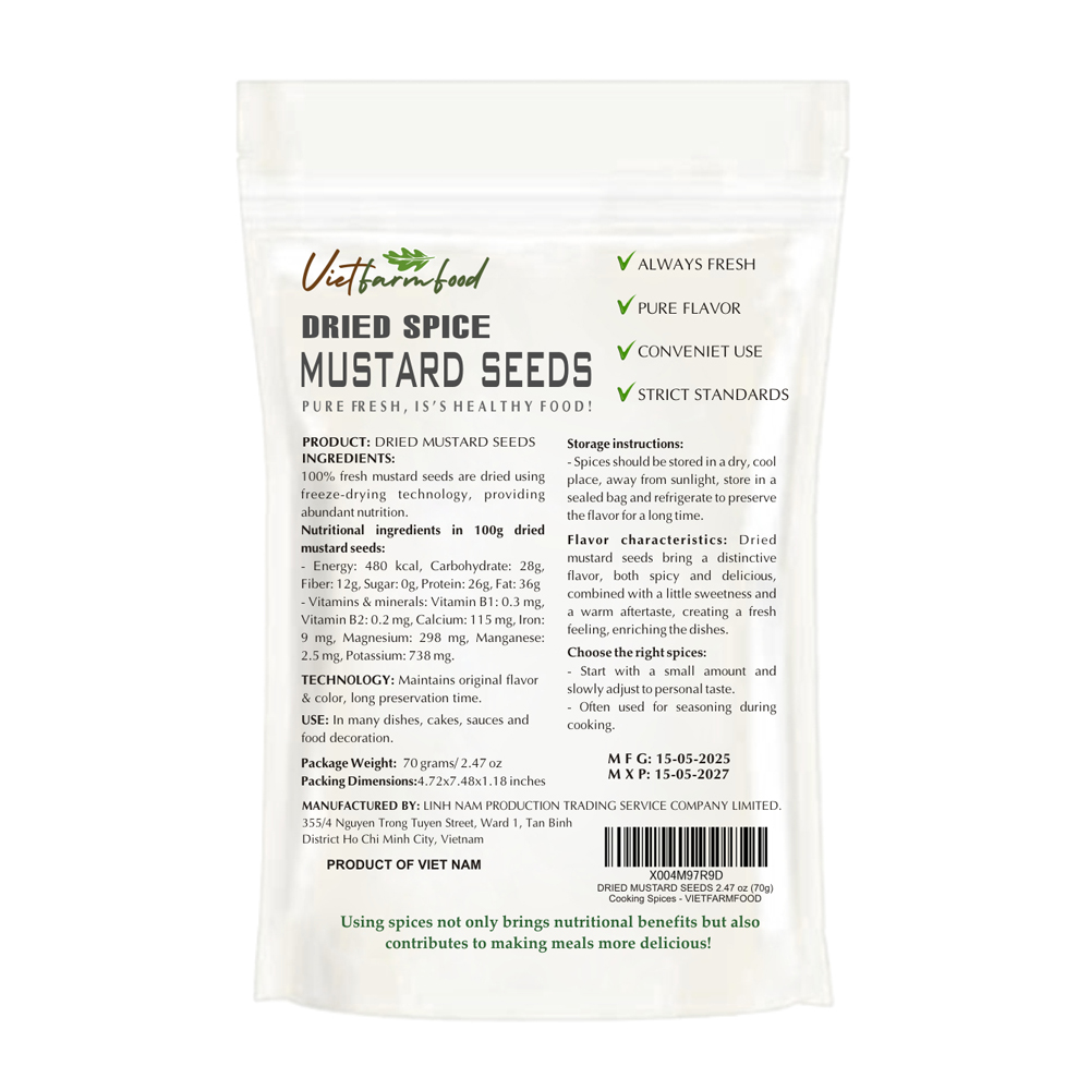 DRIED MUSTARD SEEDS 2.47 Oz (70g) VIETFARMFOOD: Freeze-dried spices extract pure natural flavor. Convenient packaging, long-term preservation. Used for cooking, baking, salads, soups, sauces.