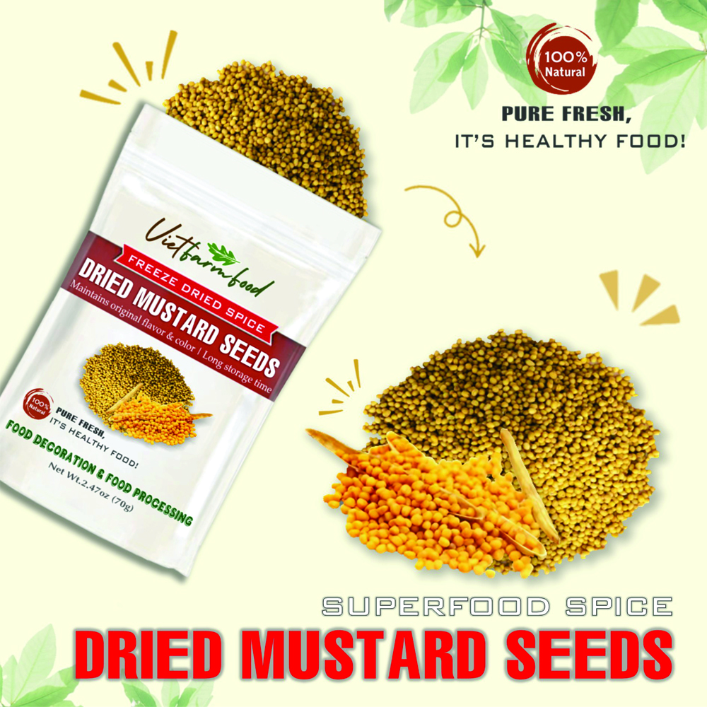 DRIED MUSTARD SEEDS 2.47 Oz (70g) VIETFARMFOOD: Freeze-dried spices extract pure natural flavor. Convenient packaging, long-term preservation. Used for cooking, baking, salads, soups, sauces.