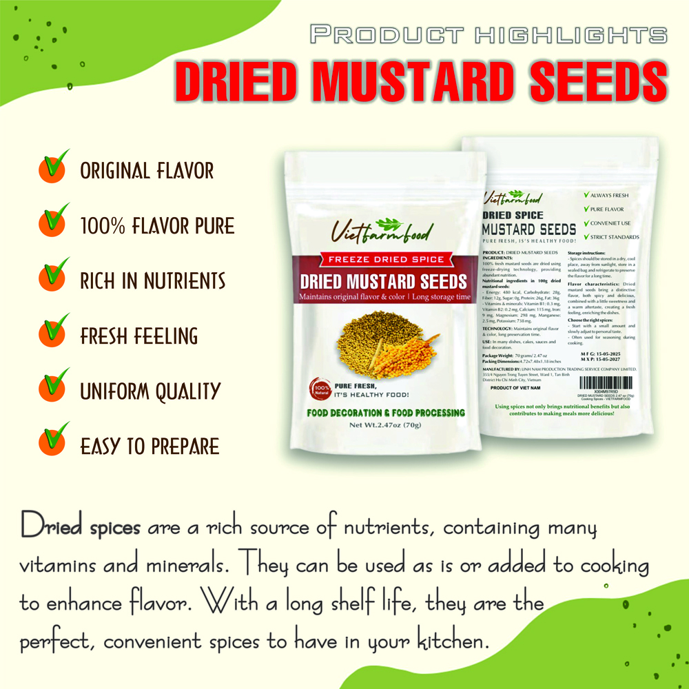 DRIED MUSTARD SEEDS 2.47 Oz (70g) VIETFARMFOOD: Freeze-dried spices extract pure natural flavor. Convenient packaging, long-term preservation. Used for cooking, baking, salads, soups, sauces.
